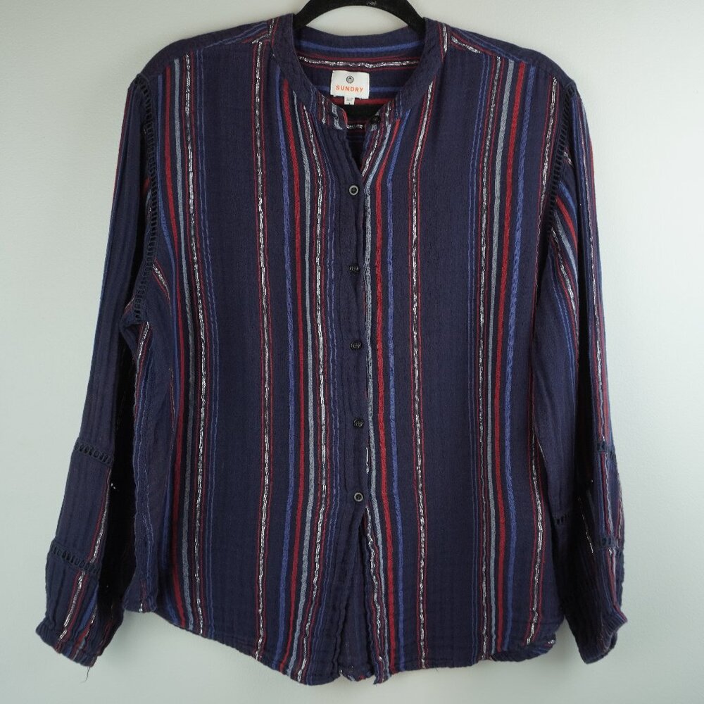 Sundry Navy Blue & Silver Striped Blouse Button Front Size Large